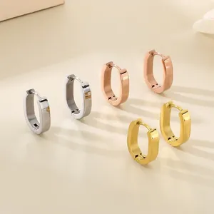 Minimalist stainless steel U-shaped rectangular huggie hoop earrings in three metallic colors.