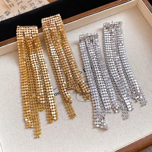 Elegant asymmetric long metal fringe tassel earrings in gold and silver