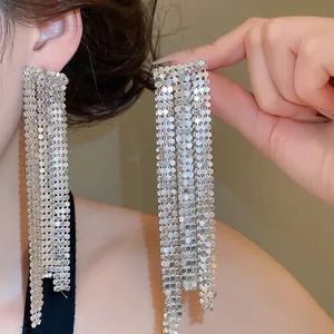 Elegant oversized silver sequin long tassel earrings for stylish evening dresses and parties