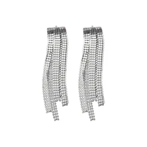 Elegant silver fringe tassel earrings with asymmetric design for evening gala dresses