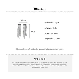 Detail view of silver tassel earrings with material, size, and weight specifications.