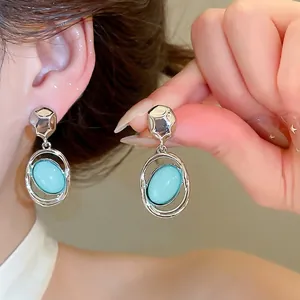 French vintage style oval light blue acrylic pendant earrings for women with silver needle