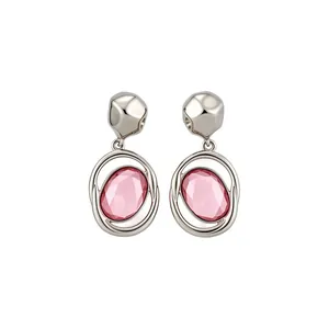 French vintage silver needle oval acrylic drop earrings with pink faceted stones