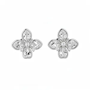 Elegant silver four-leaf clover stud earrings with sparkling marquise zircon stones.