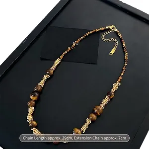 Retro tiger eye stone necklace with irregular gold spacers for women, elegant jewelry