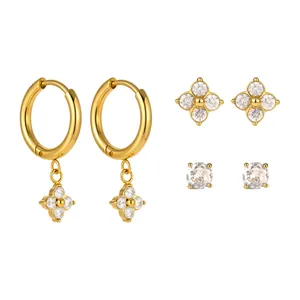 18K Gold Plated Stainless Steel Four-Leaf Clover Hoop and Stud Earring Set with Zirconia