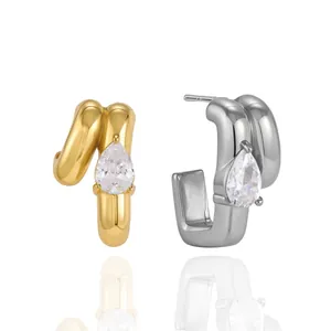 Elegant stainless steel hoop earrings with pear-cut crystal, 18k gold plated luxury jewelry