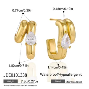Detailed dimensions of stainless steel gold hoop earrings with teardrop zirconia stone
