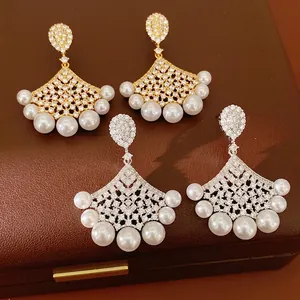 Palace Style Fan-Shaped Copper Zirconia Earrings With Artificial Pearl And Silver Earring Post Gold Silver Plated Luxury Jewelry