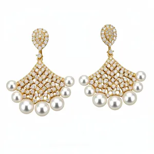 Elegant 18K gold plated fan-shaped earrings featuring sparkling cubic zirconia and pearls