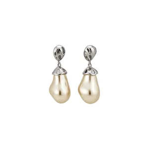 Elegant French retro irregular baroque pearl drop earrings with textured silver studs
