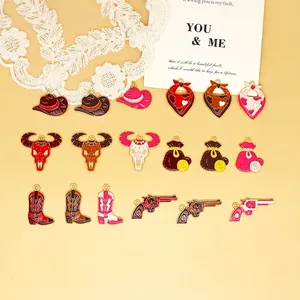 Retro Western Cowboy Enamel Alloy Charms Set For DIY Keychain Backpack Pendant Cowboy Hat Boot Bull Skull Pistol Bandana Jewelry Accessories