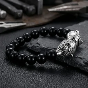 Bracelet élégant pour homme en perles de verre noires avec double tête de tigre argent