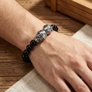 Bracelet pour hommes avec deux têtes de tigre en argent et perles noires polies