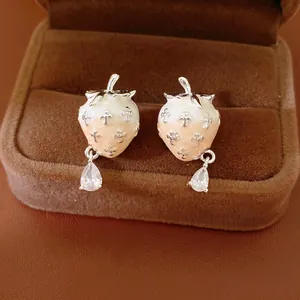 Sweet Enamel Strawberry Stud Earrings With Silver Earring Post Rhinestone Drip Oil Fruit Earrings Elegant Jewelry For Women Gift