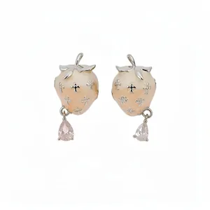 Chic strawberry shaped enamel stud earrings featuring dainty pink zircon teardrop charms