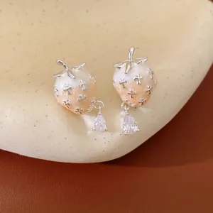 Elegant pink gradient strawberry stud earrings with dangling pear-shaped clear zircon stones