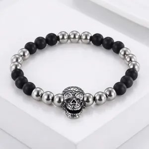 Gothic skull charm bracelet with matte black beads and silver accents for men