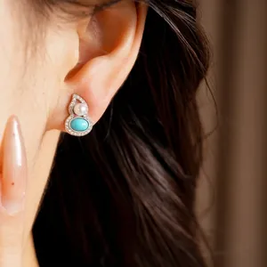 Elegant gourd-shaped silver needle earrings with pearl and turquoise inlay for women