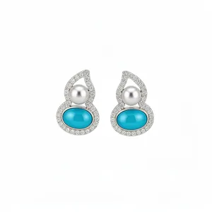 Elegant gourd-shaped stud earrings featuring white pearls and turquoise stones with zirconia.