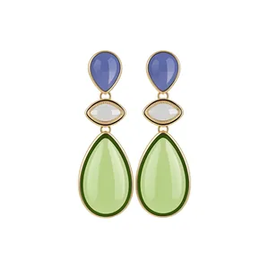 French vintage three-tier resin teardrop dangle earrings with blue and green stones