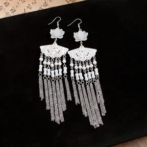 Elegant New Chinese style dangling earrings featuring white lotus and fan with tassels.