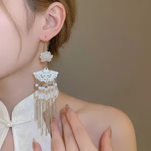 Elegant New Chinese style fan-shaped earrings with flower and crystal long tassels