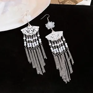 New Chinese style flower fan-shaped crystal tassel earrings with elegant silver chains