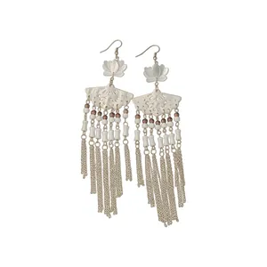 Elegant New Chinese style fan earrings with long tassel and flower detail.