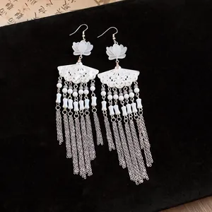 Detailed view of New Chinese style earrings featuring carved fan and silver tassel chains.