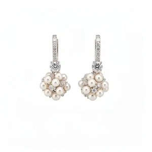Elegant zircon flower cluster pearl dangling earrings for women with silver finish