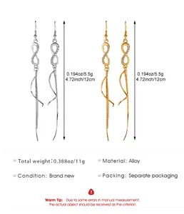 Detailed size chart for infinity knot tassel earrings with weight and material info