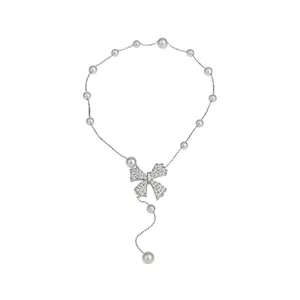 Elegant silver bow necklace with pearls and sparkling zircon stones in a French sweet style