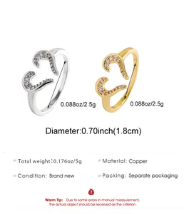 Detailed measurements for heart-shaped copper adjustable rings with zircon inlay