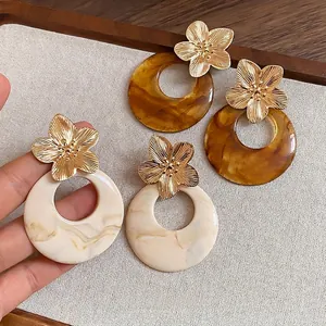 French Vintage Resin Marble Round Stud Earrings For Women Metal Flower Floral Earring With 925 Sterling Silver Earring Post Elegant Jewelry