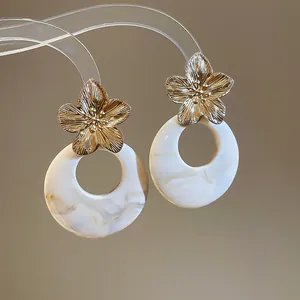 Vintage French style white marbled resin and gold-tone metal flower drop earrings