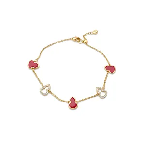18k gold plated Chinese style bracelet with red acetate Wu Lou charms and pavé zircons