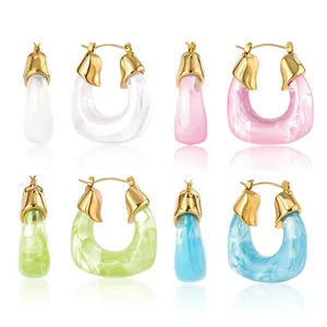 Elegant 18k gold-plated stainless steel resin U-shaped hoop earrings in multiple colors