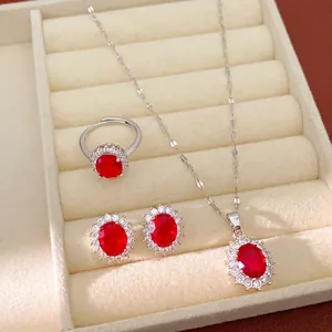Parure de Bijoux Vintage en Zirconia Ovale Avec Collier Boucles d'oreilles Bague Cuivre Tige en Argent Accessoires Géométriques de Luxe pour Femmes