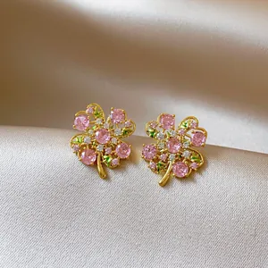 14k Gold Plated Copper Flower Stud Earrings With Silver Earring Post Zirconia Sweet Floral Earrings For Women Daily Jewelry