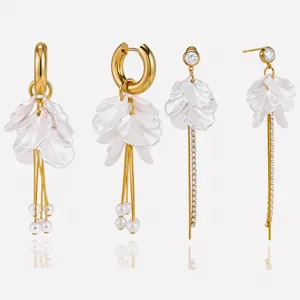 Stainless Steel Petal Tassel Earrings For Women Acrylic Artificial Pearl Zirconia Flower Dangle Earrings Luxury High-End Fashion Jewelry