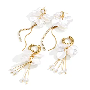Elegant stainless steel flower earrings with pearl tassels and white acrylic petals.