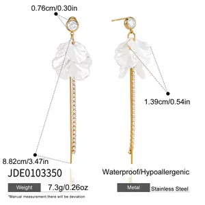 Detailed measurements of long pearl tassel earrings in gold-plated stainless steel