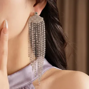 Elegantes pendientes de borla en forma de abanico con largas franjas de cristal plateado