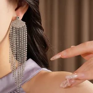 Primer plano de elegantes pendientes de abanico plateados con borlas de strass brillante