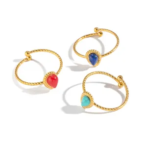 Set of three French vintage 18K gold plated stainless steel rings with colorful teardrop stones