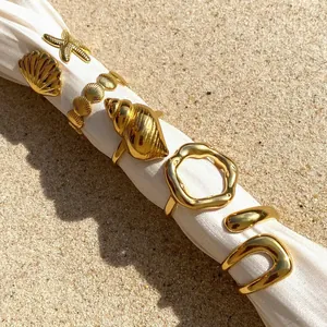 Stainless Steel Gold Plated Geometric Open Ring For Women Minimalist Fashion Sea Star Shell Wavy Finger Ring Vacation Jewelry