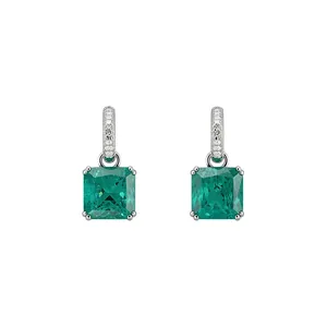 Boucles d'oreilles élégantes en zircon vert carré avec anneaux en argent sertis cristaux