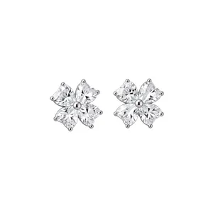 Sparkling zircon flower clip-on earrings in silver finish for women