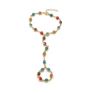 Elegant dopamine colored crystal hand harness with gold chain and ring for women